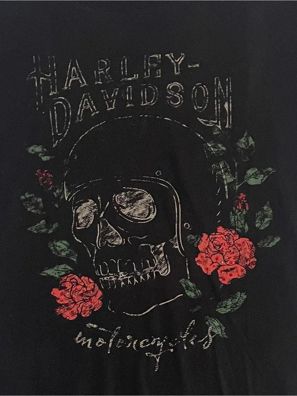 Harley-Davidson Black Short Sleeve Tee with Skull & Red Roses Fargo ND Size M